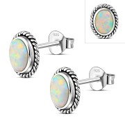 Oval Synthetic Sun & Ice Opal Silver Stud Earrings, e336